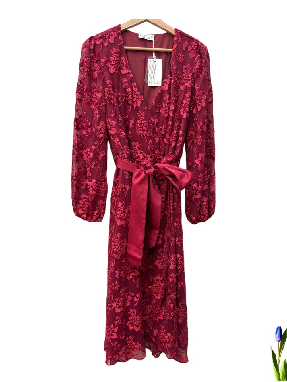 Estelle Dress Raspberry Floral Mesh Burnout Midi long sleeves  with Sash